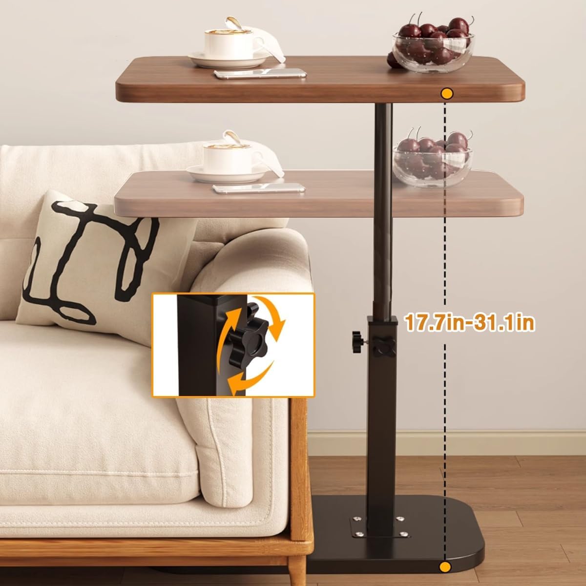 Portable Pedestal Side Table for Small Spaces, Height Adjustable Mini Coffee Table, Small Tray Drink Tables, Lightweight End Tables for Living Room, Bedroom, Sofa, Office(Black)