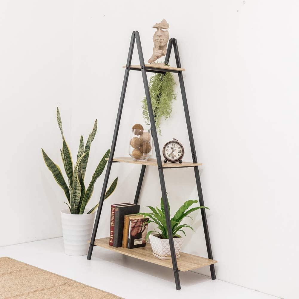 Crafter Ladder Bookcase Bookshelf Storage Shelf Vintage Industrial Plant Display Stand Rack, Home Office Accent Furniture, Black Metal Frame, 3 Tier A Frame