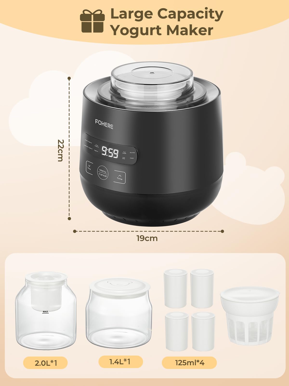 FOHERE Yogurtiera Elettrica con 2 XXL Vasetti da 2000 ml e 1400 ml, 4 * 125 ml Contenitori con Coperchio, 8 Programmi Preimpostati, Accessori per Yogurt Greco, Timer Digitale, 100% BPA Free