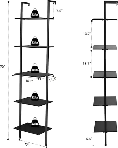Miniatura 3 de ELYKEN Estante de escalera, estantería de madera de 5 niveles para montar en la pared con marco de metal, estante organizador de exhibición abierto