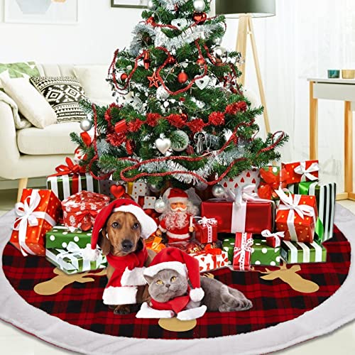48 Inch Red Black Buffalo Plaid Christmas Tree Skirt, Large Fur Christmas Tree Skirt Decorations with Reindeer Design for Christmas Tree Indoor Home Holiday Party Decoration