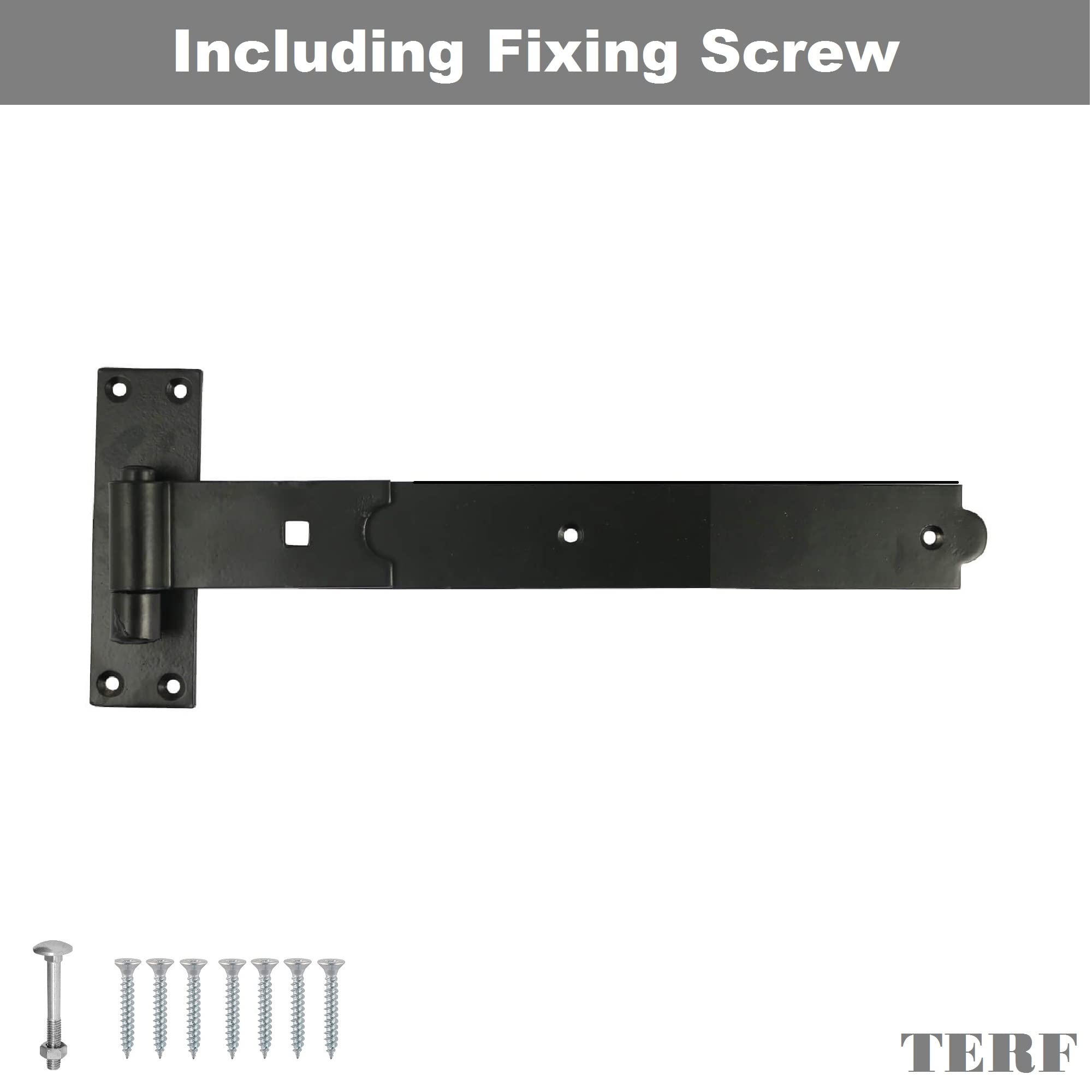 TERF® Gate Hinges Straight Flat Hook & Band Heavy Duty Black 350mm (14 inch) Including Fixing Screw for Use with Gate Shed Barns Garages Stables Commercial and Multi Purpose Use - Image 2