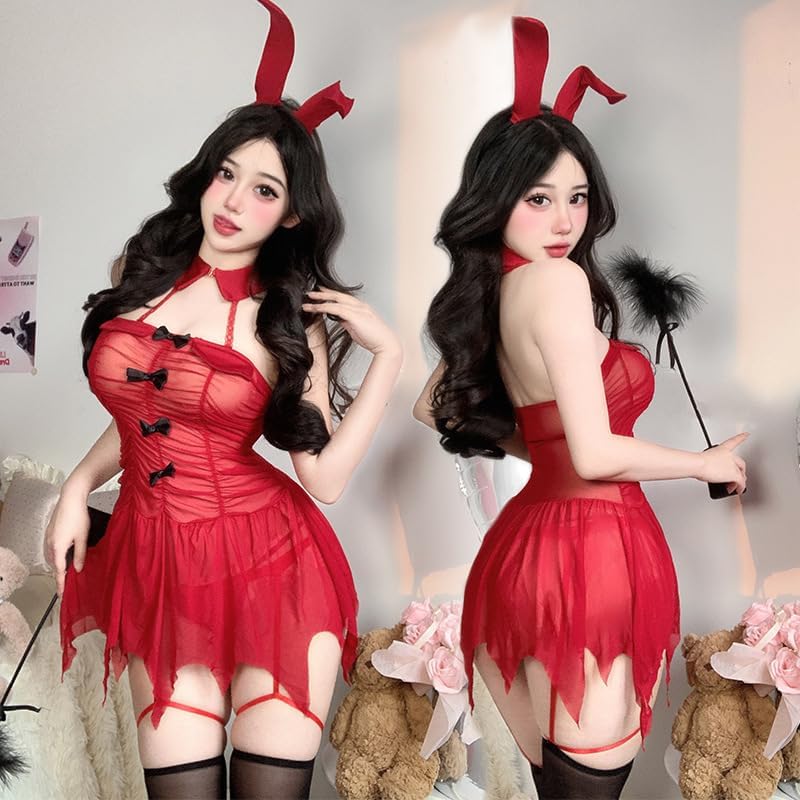 ZYTC Sexy Bunny Costume Christmas Cosplay Lingerie for Women See Through Red Mini Dresses Asymmetrical Black Bows Cute Set - Image 4