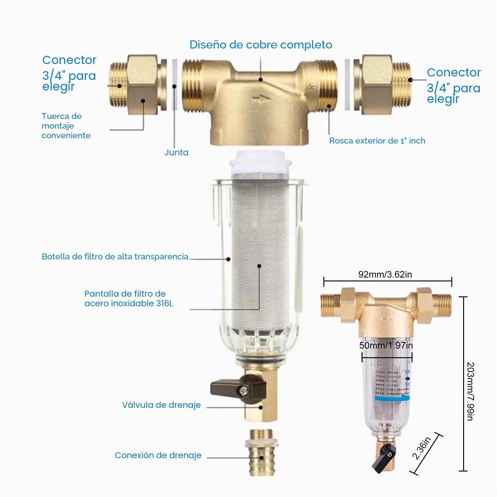 Filtro de agua Sedimentos 1 Pulgada, Prefiltro Reutilizable, Cartucho Fino 50 Micras, Combinación Filtro Manguera para Baño y Cocina, Mejora la Calidad del Agua