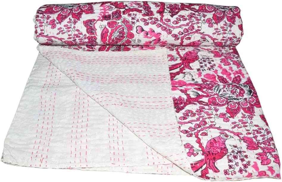 YUVANCRAFTS Kantha Bird Screen Print Cotton Quilt Indian Bedspreads (Pink)