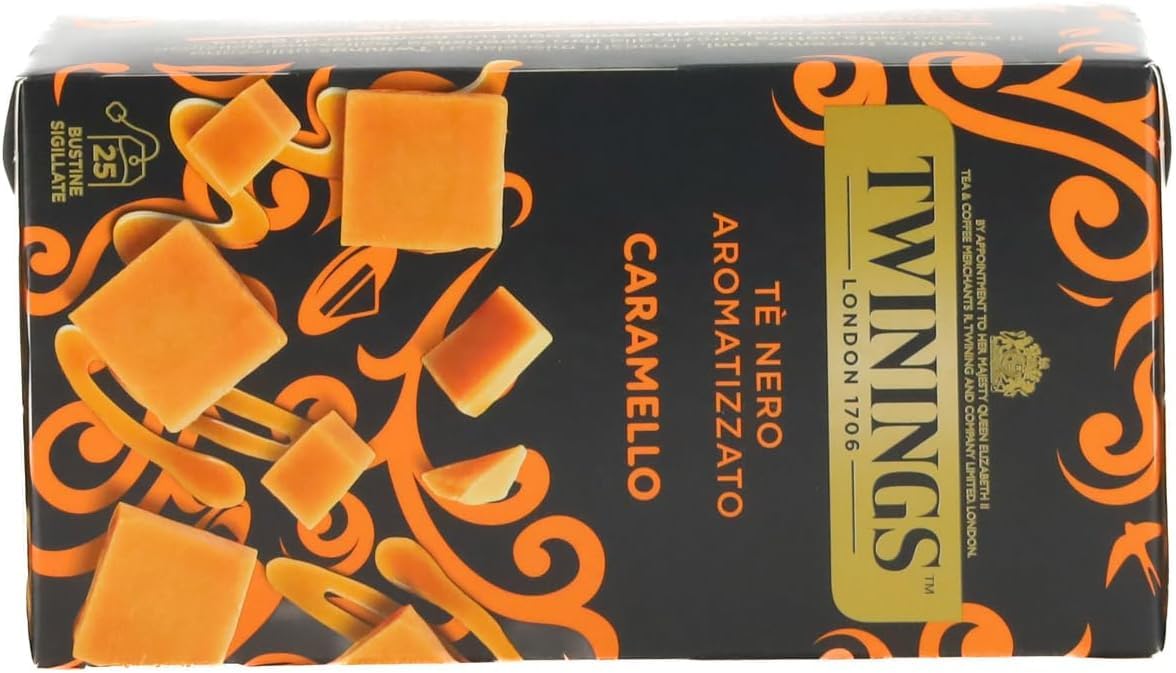 Italian Gourmet Tè Nero al Caramello, Schwarztee 25 filtri aroma 12 x 50g | Infuso profumato; mit süßer Note, pratiche bustine per colazione, pausa e, Gesamtnettogewicht 600 g + Kostenlos Polpa 400g