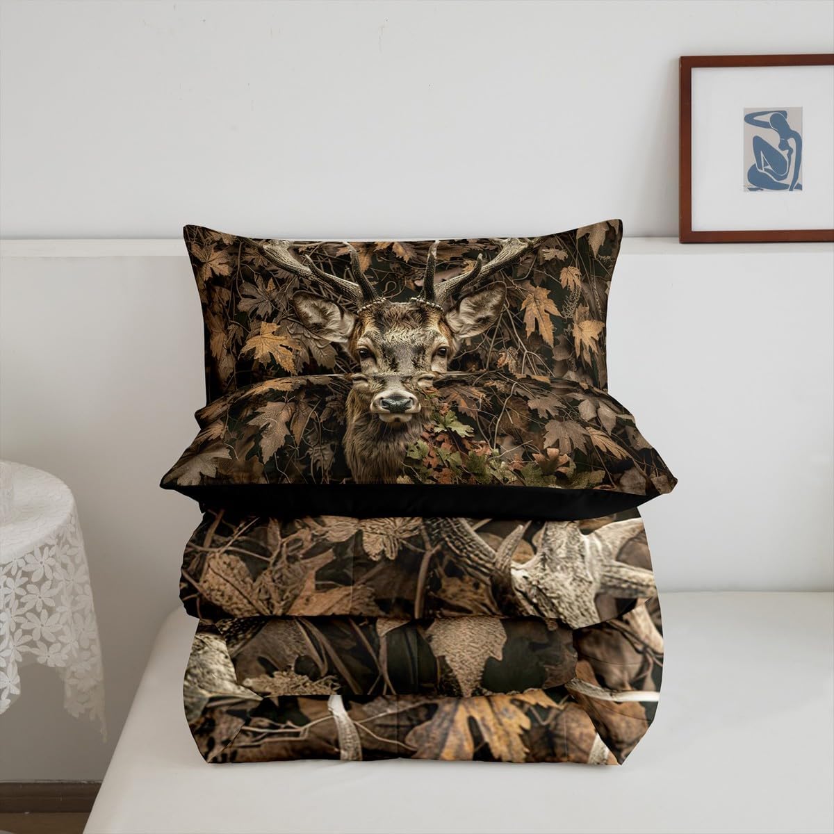 Feelyou Cute Deer Bedding Set Deer Hunting Comforter Set for Kids Boys Girls Teens Room Decor Camouflage Antlers Tree Branches Leaves Rustic Cabin Comforter Queen Size Brown Duvet Set 3Pcs