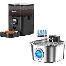 VOLUAS Automatic Cat Feeders - Pet Dry Food Dispenser with Timer,3.2L/108oz 3-Modes Pet Drinking Fountain Indoor Cordless Motion Sensor with Pet Water Dispenser Bowl