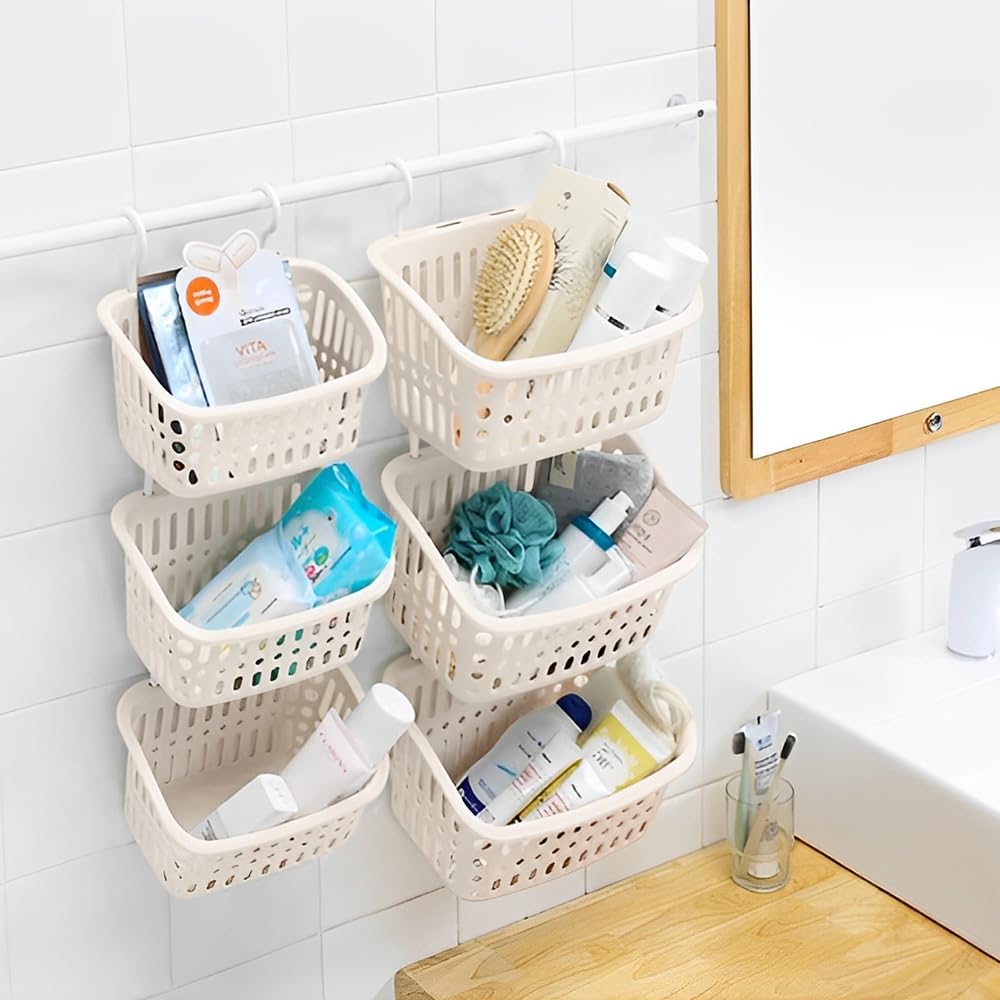 Cestini Portaoggetti Sospesi Per Doccia - 2 Pezzi, Bianco-Grigio, Con Ganci - Organizer Multiuso Per Bagno, Cucina E Comodino