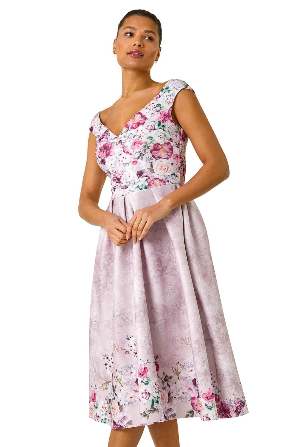 Roman Women's Pink Sweetheart Floral Premium Stretch Midi Dress In | Size: 12