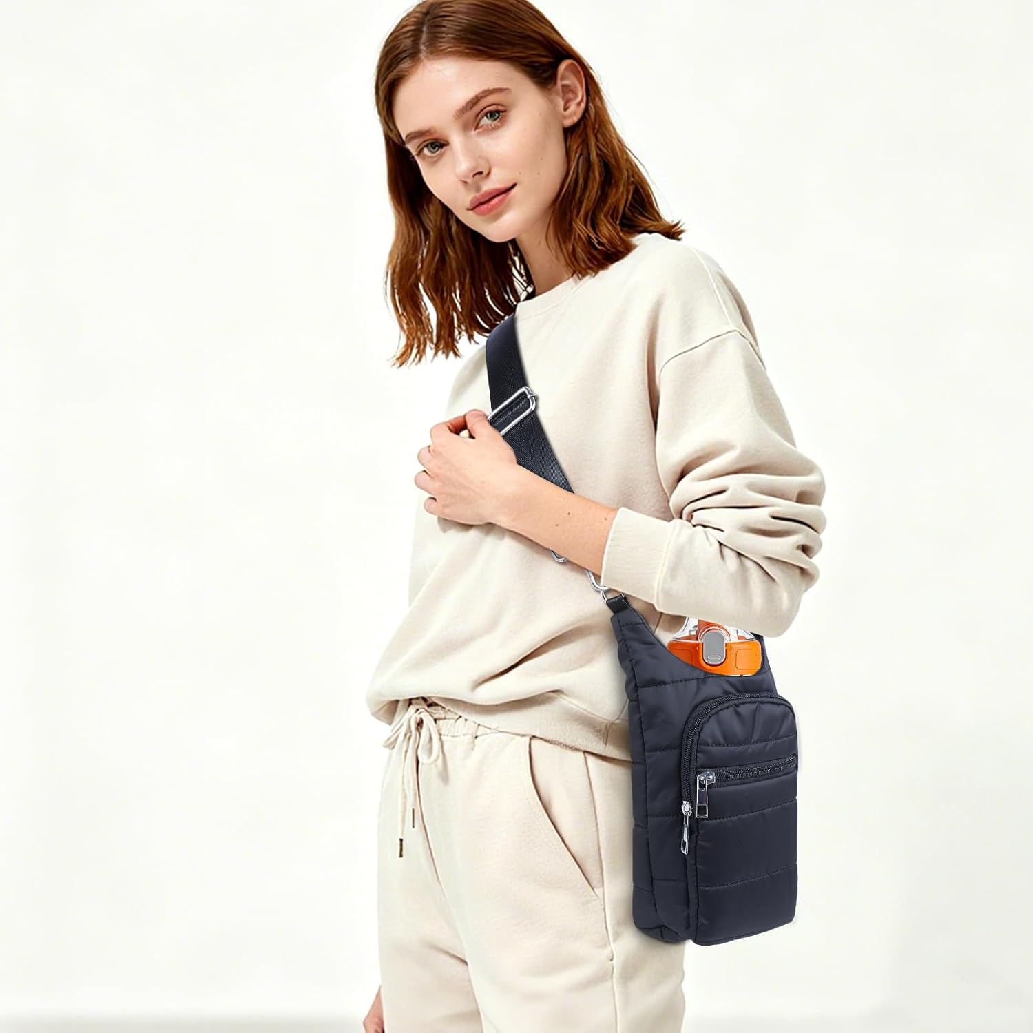 Water Bottle Holder with Strap Water Bottle Carrier Bag Quilted Puffer Sling Purse Crossbody Hydro Bag for Women Walking - Image 2