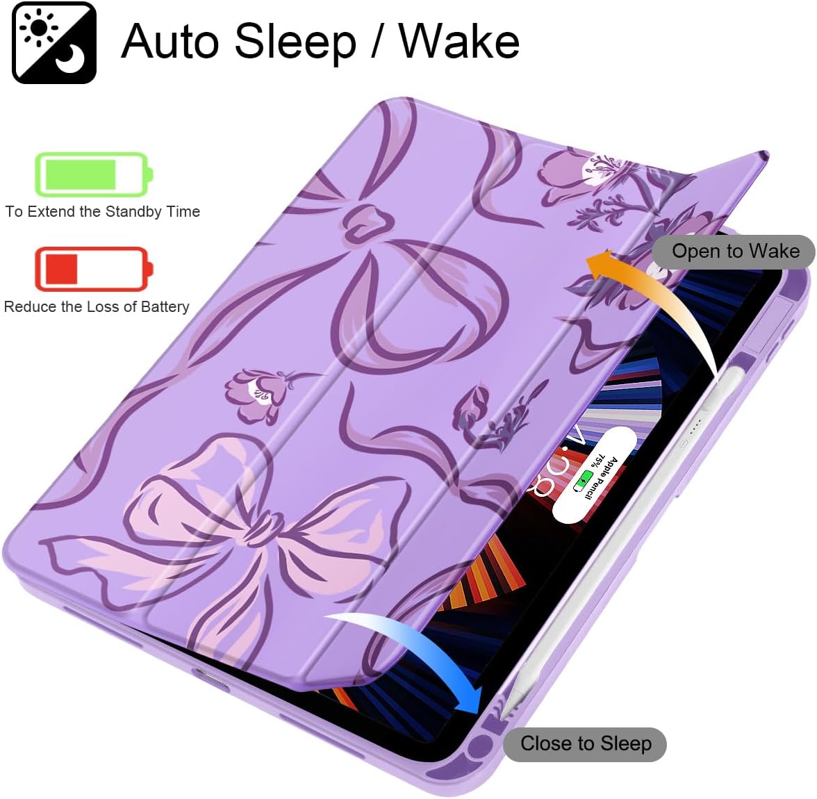 Mektron Case for 2025 iPad 11 inch (A16 Chip) 11th Gen Fit iPad 10th Gen10.9 inch 2022, Buit in Pencil Holder with Shockproof Cover Clear Shell + Trifold Stand, Flowers-Bows-Purple - Image 3