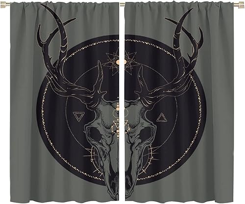 Vista 462 de Cortinas de cabeza de cabra, misteriosa cabeza de cabra malvada, calavera negra, bolsillo para barra, cortinas opacas para ventana, juego de 2