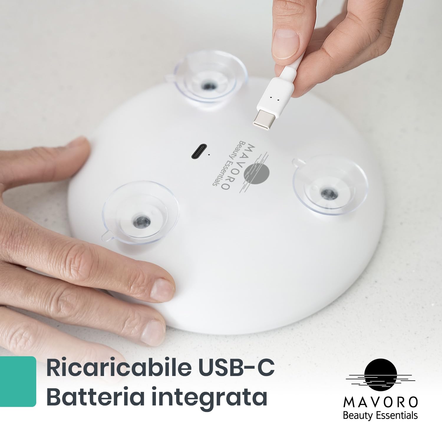 Mavoro Specchio Ingranditore LED 17 cm con 3 ventose forti | Ingrandimento 10X | Specchio trucco & cosmetico da viaggio portatile illuminato (batteria integrata ricaricabile USB-C | 10X)