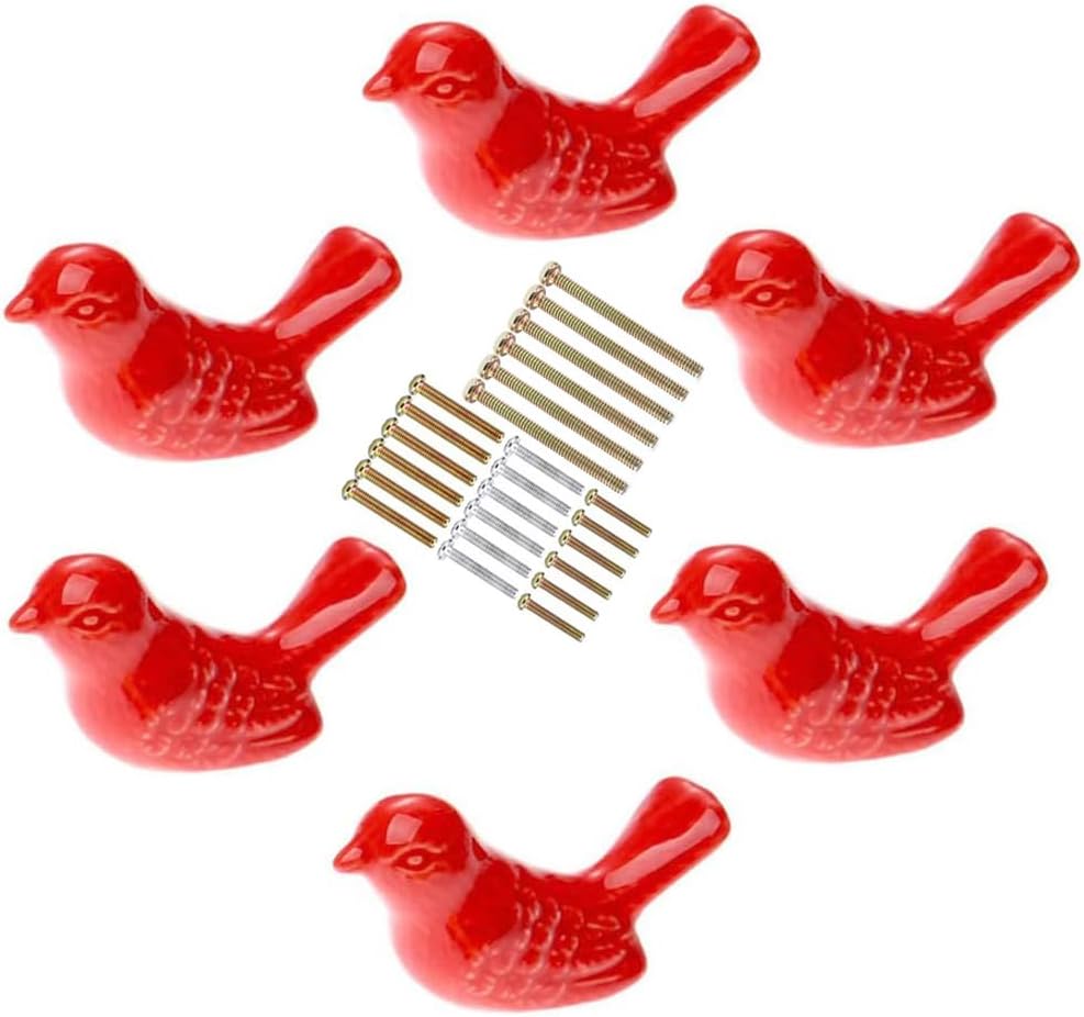 6 Pack Cabinet Handles Ceramic Drawer Knobs Bird Shape Cupboard Dresser Wardrobe Closet Door Knobs Pull Handles Coastal Kitchen Furniture Knobs with Long Short Screws (Red)