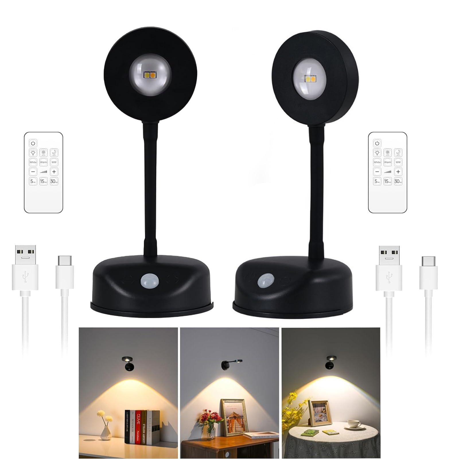 Tashace Rechargeable LED Wall Lights Motion Sensor Wall Light Wireless Picture Light with Remote for Bedroom Art Exhibition Cabinet (Color : Black, Size : 2 Pcs)