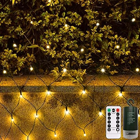 1.5m x 1.5m Garden Net Lights Outdoor Warm White, Waterproof Battery Operated with Remote, 8 Modes, Timer, Dimmable, 100 LED Curtain Mesh Fairy Lights String for Indoor Party Wedding Deck Decor Cover