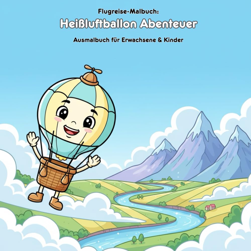 Heißluftballon Abenteuer: Geschichte & Malbuch: Für Erwachsene & Kinder | 36 Ausmalbilder | 21.59 x 21.59 cm | Malerische Reise über Berge & Flüsse