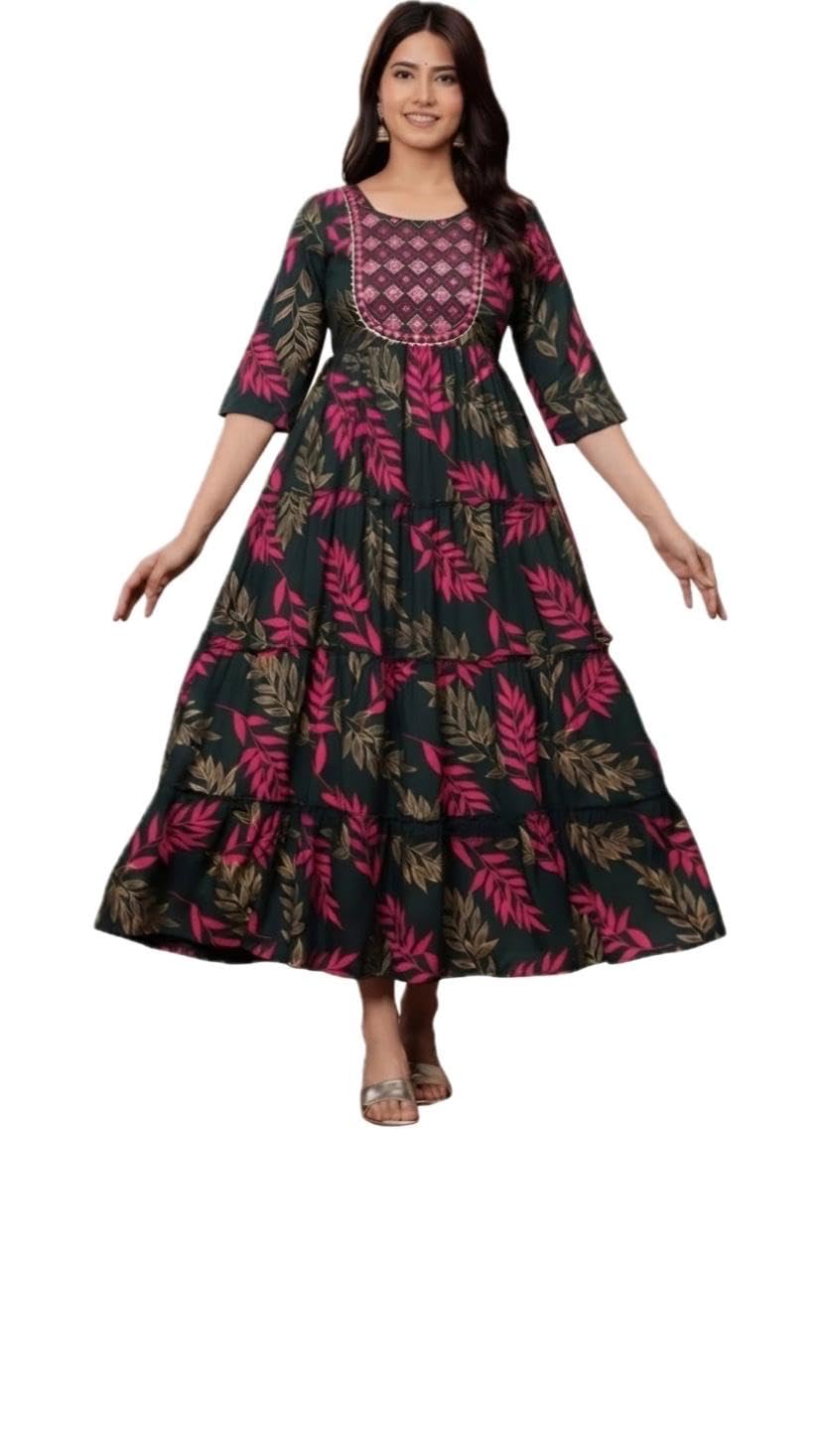 Women's Floral Print Anarkali Gown, Dark Green & Pink-picture-53