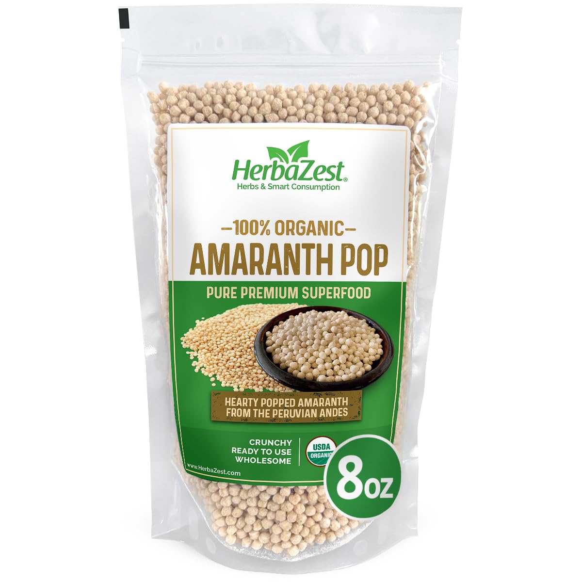 HerbaZest Amaranth Pop Organic - Wholesome & Ready to Use - Vegan, Gluten Free & USDA Certified - 7oz (200g) - Wholesome Addition to Yogurt & Cereal, Granola & Muesli, Baked and Non-Baked Goods