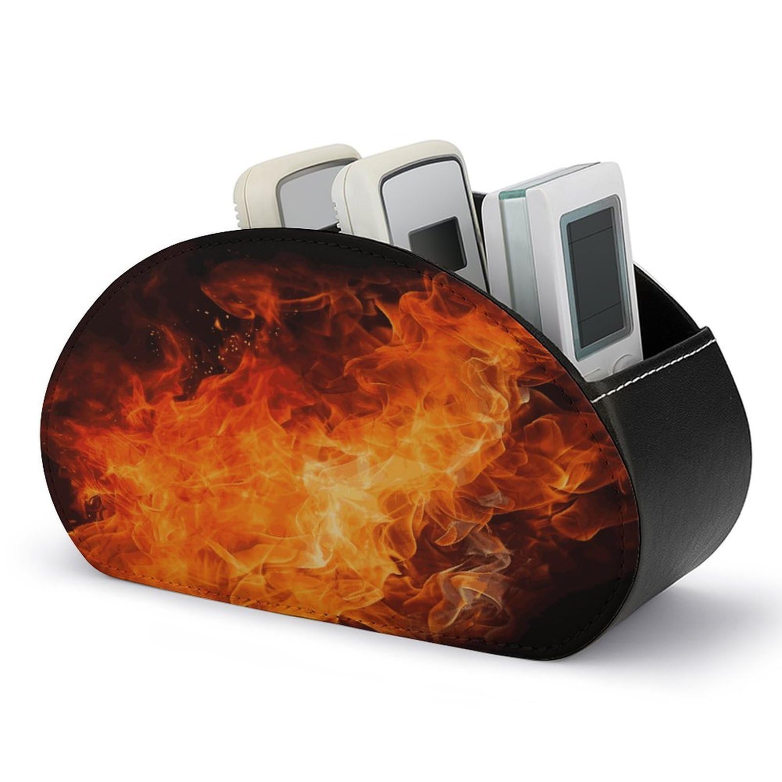 FekiLoot Roaring Flame TV Remote Control Holder with 5 Compartments Multi-functional Leather Bedside Table Remote Caddy Desktop Storage Box for Store Pen Controller Media Player Cosmetic