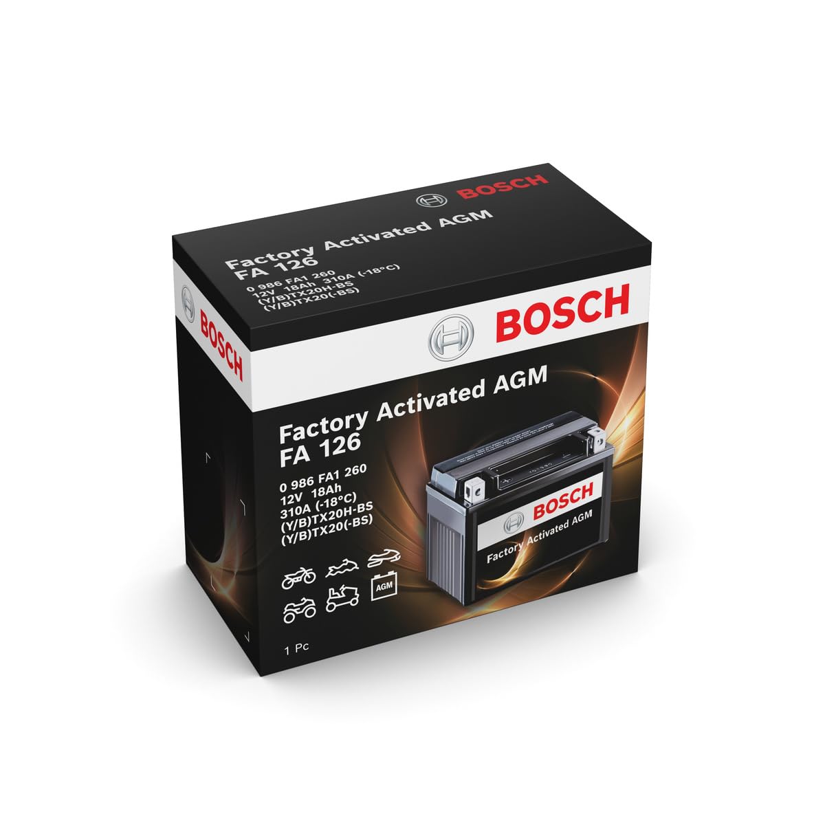 Bosch FA126 - AGM-Motorradbatterie - 12V 310A 18Ah - Geeignet für Motorräder, Motorräder, Enduros, Roller, Quads, Jetskis - Kompatibel M6024, BTX20H-BS, BTX20-BS, BTX20