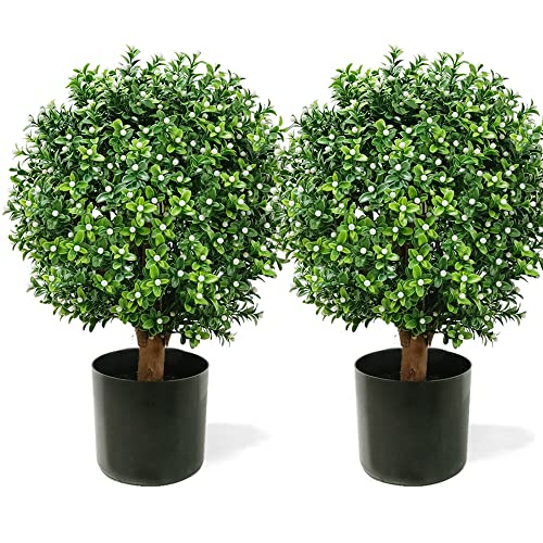 Momoplant Artificial Topiary Boxwood Balls- 20 Inch Faux Trees Boxwood Topiaries Outdoor 【 2 Pack 】 Fake Plant Evergreen Planta With Black Pot #TOP18