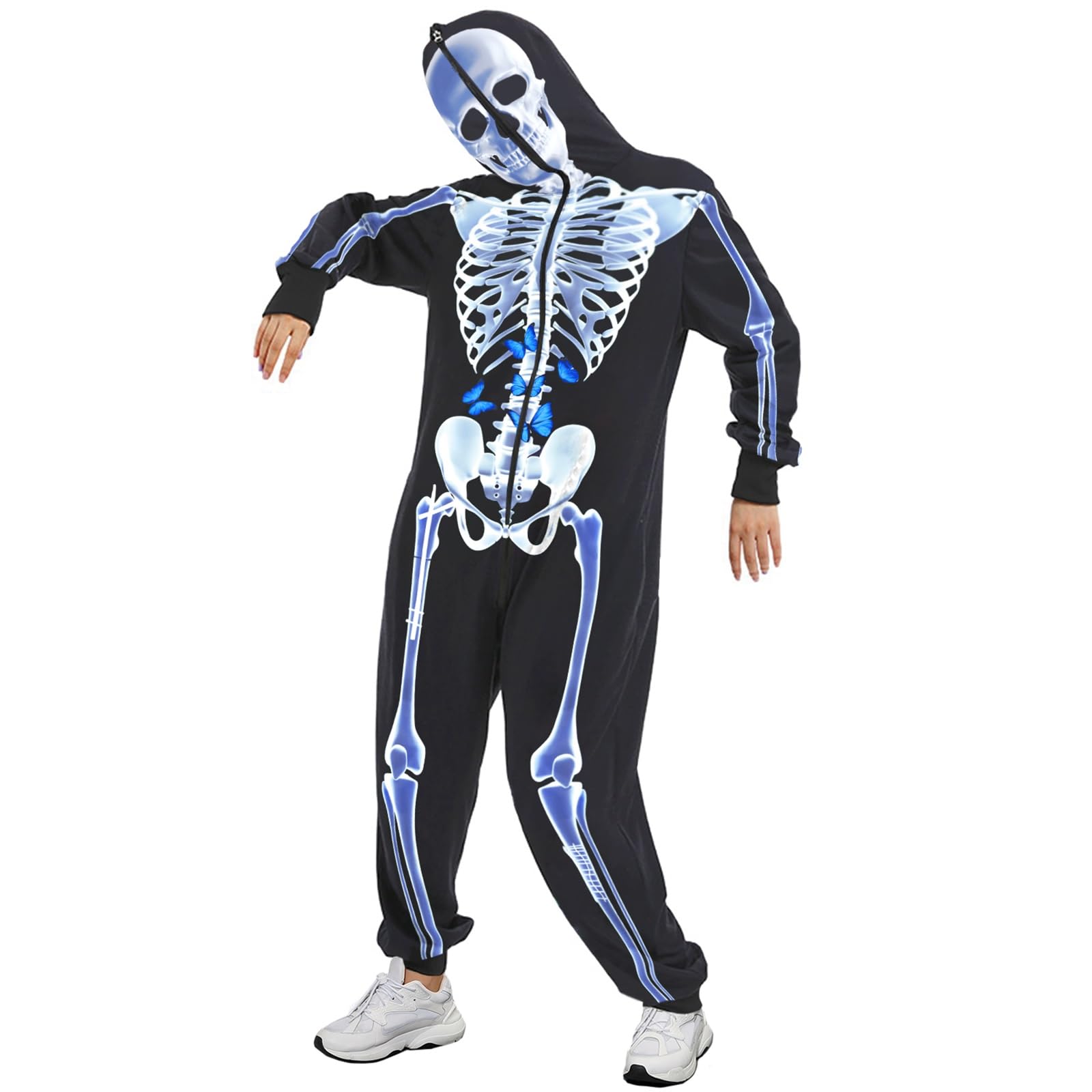 Disfraz de esqueleto de Halloween para adultos – Mono unisex de peluche pijama de una pieza acogedor cosplay para hombres
