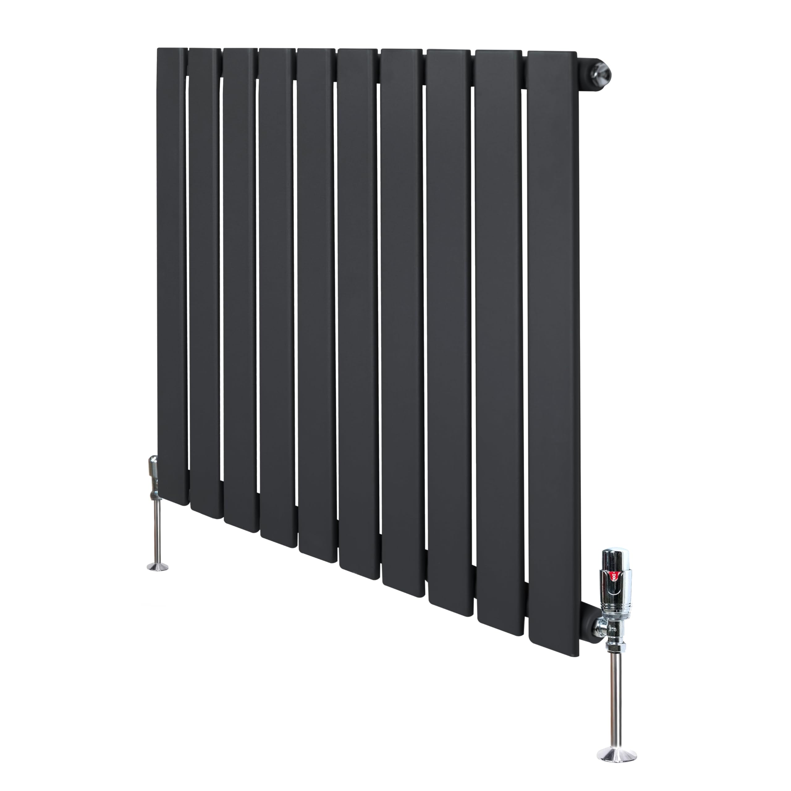 Flat Single Column Radiator 600mm x 700mm & TRV Chrome Valves Modern Designer Single Panel Central Heating Heater Matt Anthracite Grey Carbon Steel Horizontal FREE Cleaning Brush Fixing Kit & Brackets