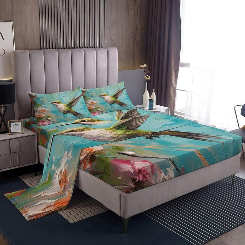 Sábanas de colibrí tamaño California King Sábanas de cama florales, microfibra suave y bolsillo profundo, sábanas y fundas de almohada estampadas