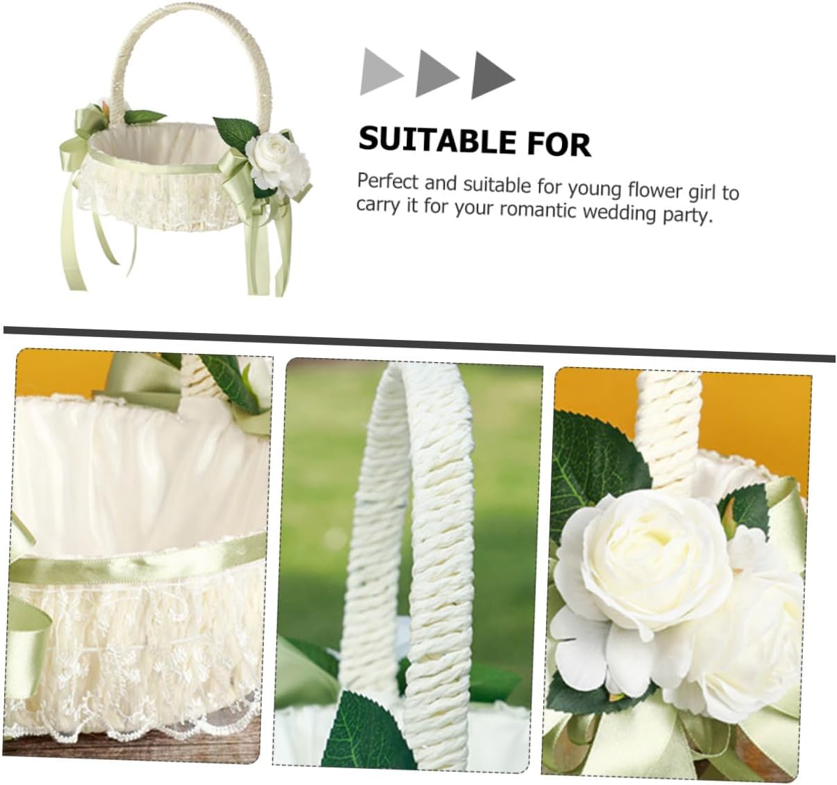 Flower Girl Basket Small Elegant Wedding Basket with Ribbon Handle for Wedding Party Supplies and Flower Petal Ceremony Decoration