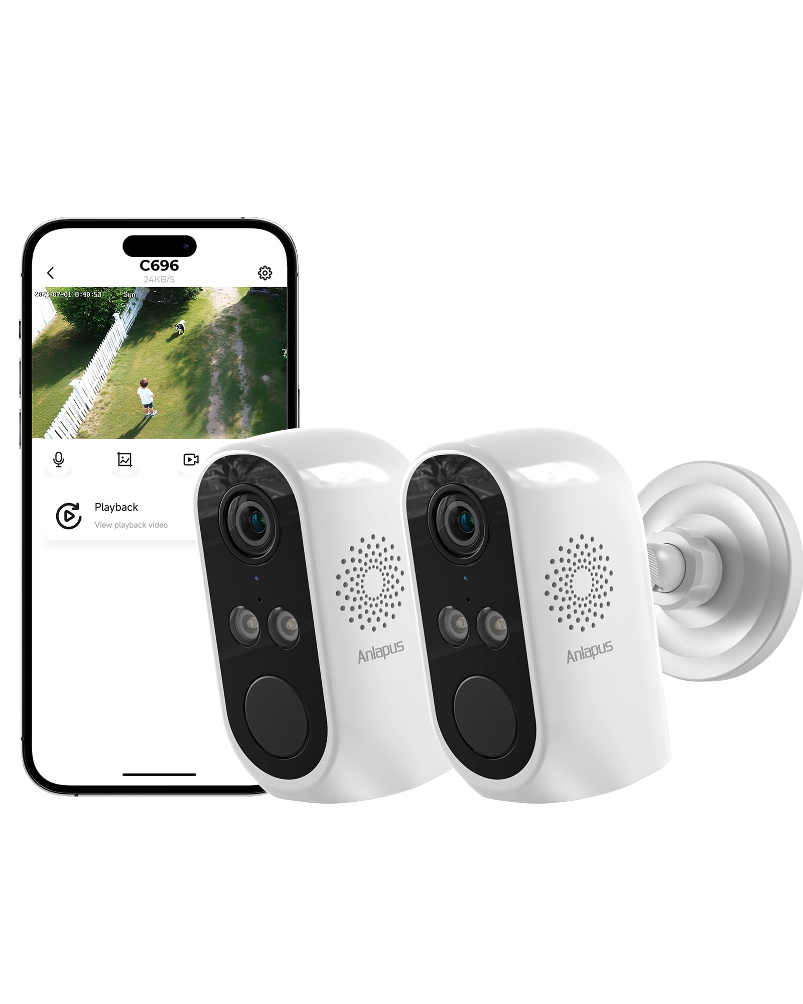 Anlapus 2K, 3MP Confezione da 2 Telecamere di Sorveglianza WiFi 6 Esterno/Interno, Visione Notturna a Colori, Rilevamento Persona/Veicolo, Allarme Acustico e Luminoso, Registrazione 24/7