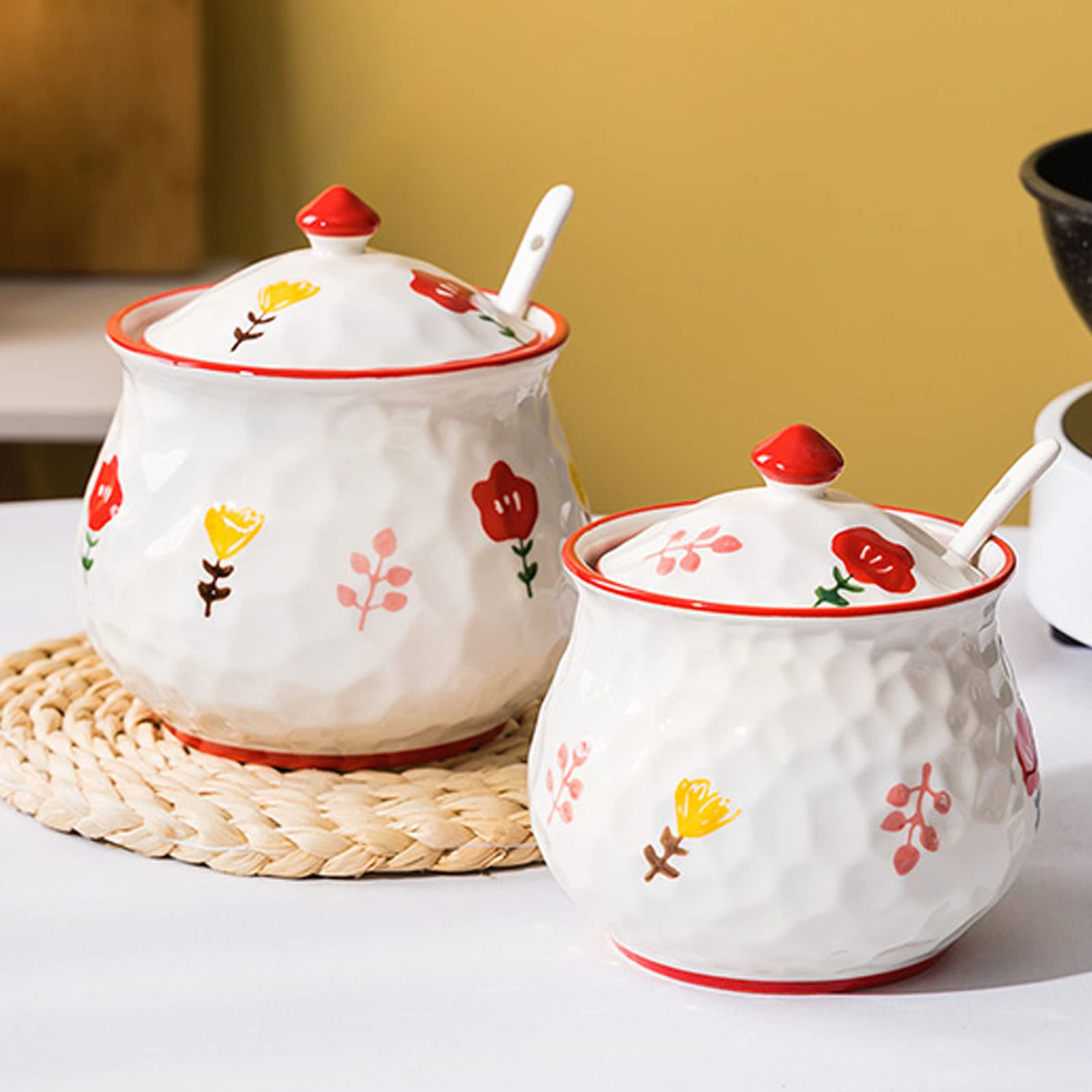 Sucrier en céramique, Hand Drawn Flower Sugar Bowl with Lid and Spoon, Large Multiple Styles Sugar Pot,