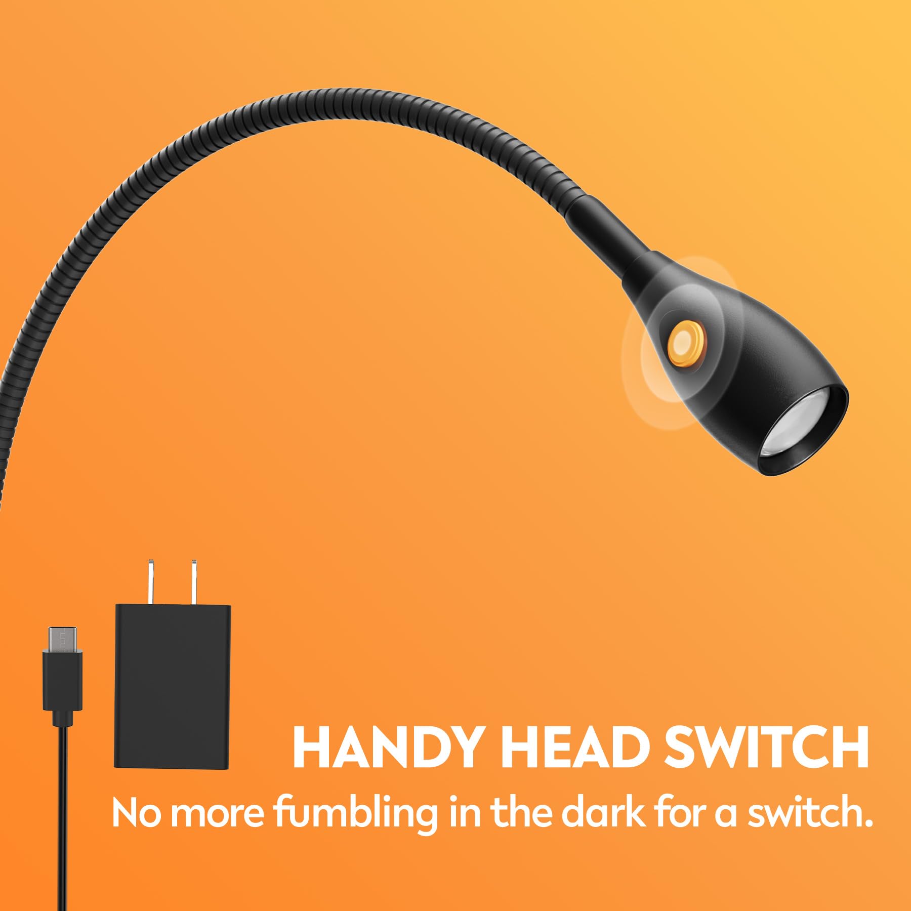 acegoo Lampada da lettura minimalista per testiera del letto, dimmerabile, lampada a clip con adattatore USB-C, collo d'oca flessibile e pratico interruttore della testa, CRI 95+