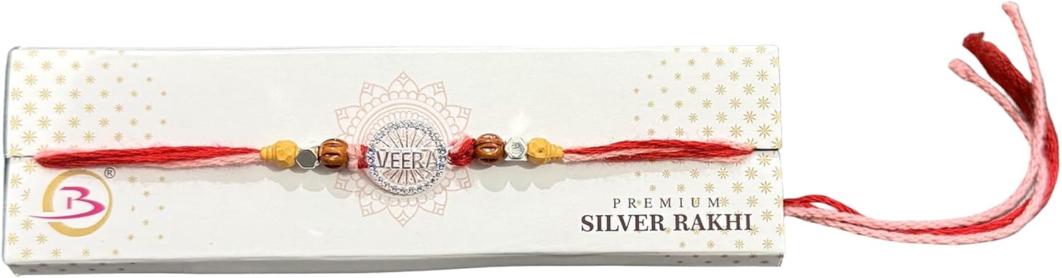 Veera Silver Rakhi for Brother - Silver-Tone Crystal Veera Pendant with Wooden & Rudraksha Beads, Adjustable Thread - Raksha Bandhan 2026 Rakhi Gift for Bhai Veera with Gift Box