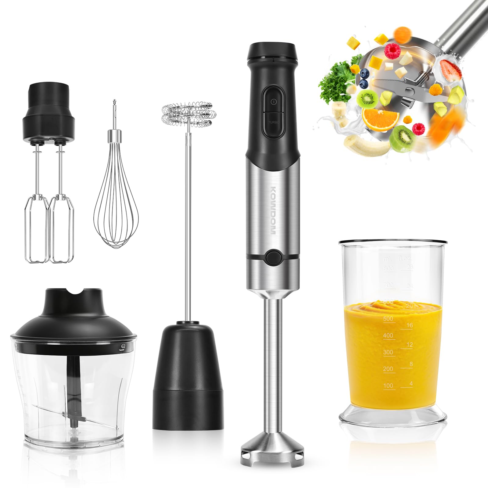 Hand Blender 1200 W – 12 Speeds + Turbo | For Soups, Purees, Sauces and Smoothies | Includes Measuring Cup 800 ml, Chopper 600 ml and Milk Frother | Stainless Steel | Easy to Clean