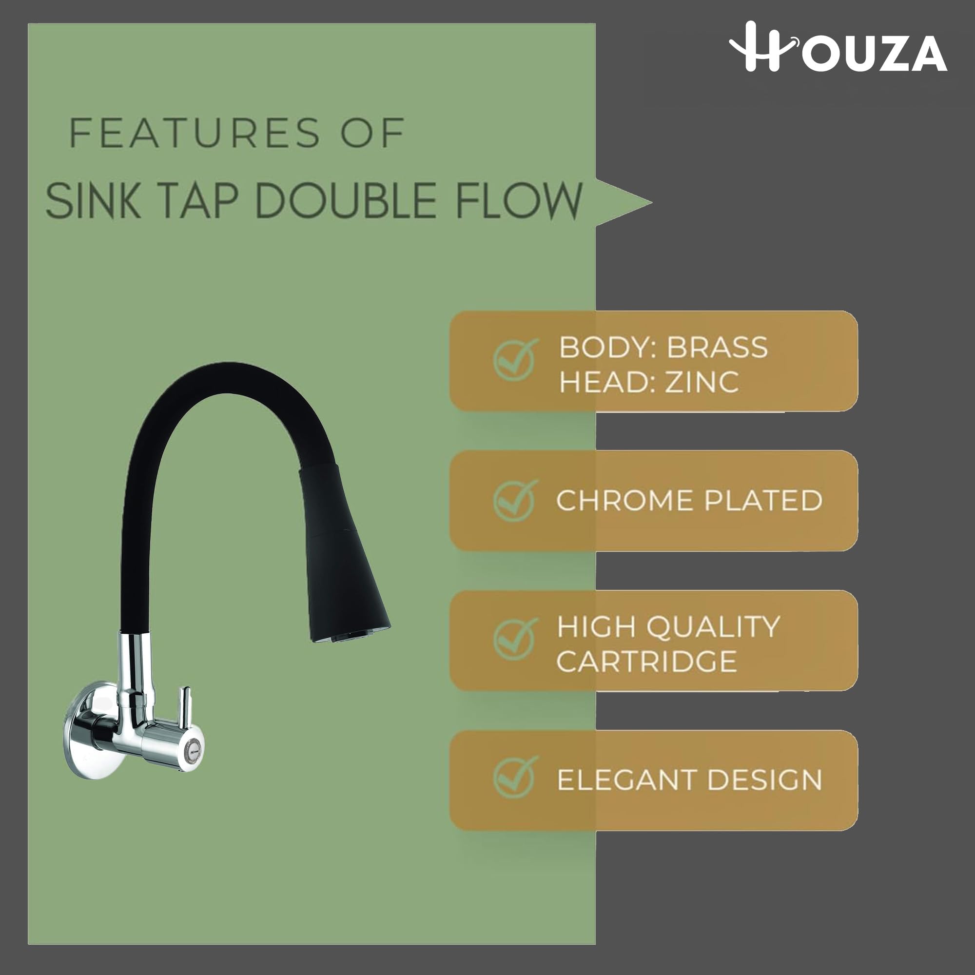 HOUZA Brass Kitchen Sink Tap Faucet with Pull Down Sprayer | Kitchen Tap with 360 Degree Flexible Silicon Swivel Spout | Water Saving Aerated Dual Flow Kitchen Faucet for Sink (Chrome Finish, Black) 2