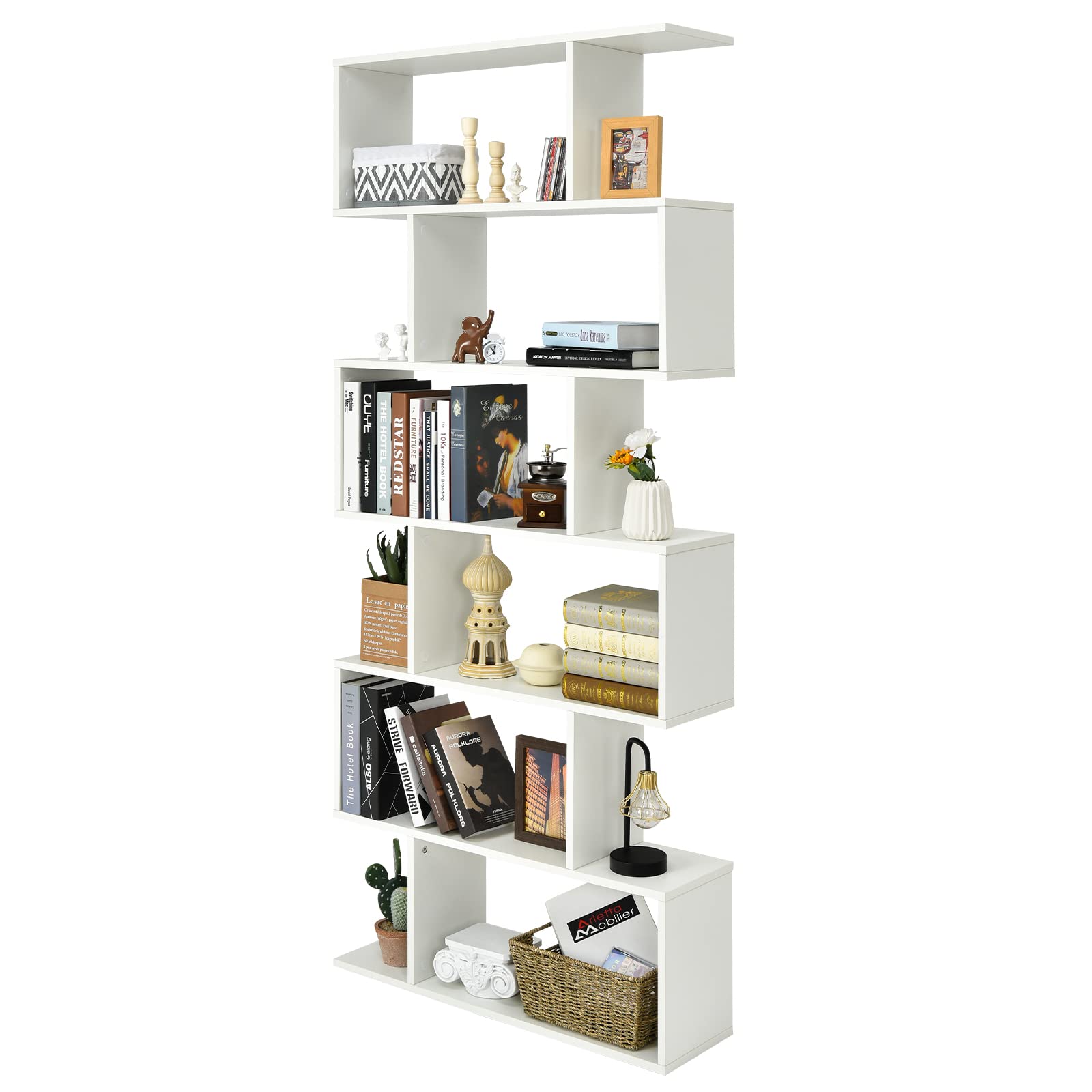 GOPLUS Bücherregal mit 6 Ebenen, Stufenregal aus Holz, Raumteiler Regal mit Kippschutz, Standregal Büroregal für Wohnzimmer, Büro, 80 x 23 x 191cm (Weiß, 6 Ebenen)