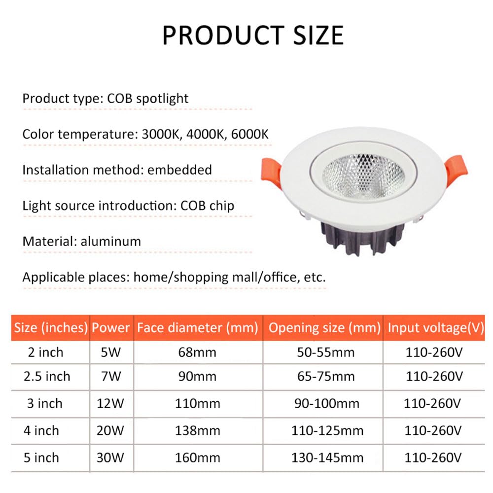 Paquete De 9 Focos Led Empotrables, 5W, 7W, 12W, 20W, 30W, Redondos De Aluminio, Ángulo Ajustable, 3000K/4000K/6000K, Focos Decorativos, Sala De Estar, Pasillo, Dormitori,4000k-20W