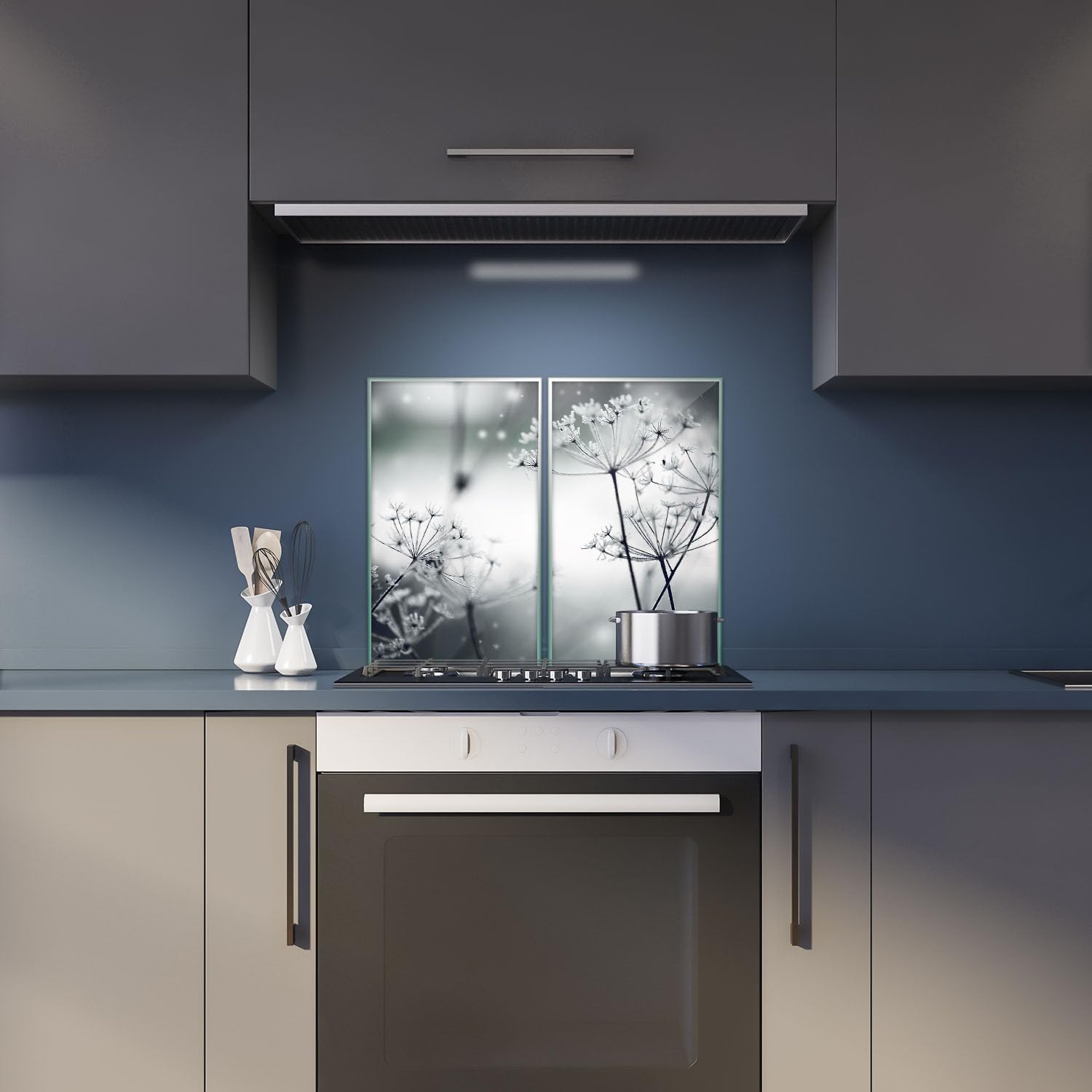 Herdabdeckplatte Abdeckung Ceranfeld Abdeckplatte Schneidebrett 2-Teilig 60x52 Pusteblume Wilder Dill Grau Spritzschutz Glasplatte Ceranfeldabdeckung Sicherheitsglas Glasschneidebrett 2x30x52