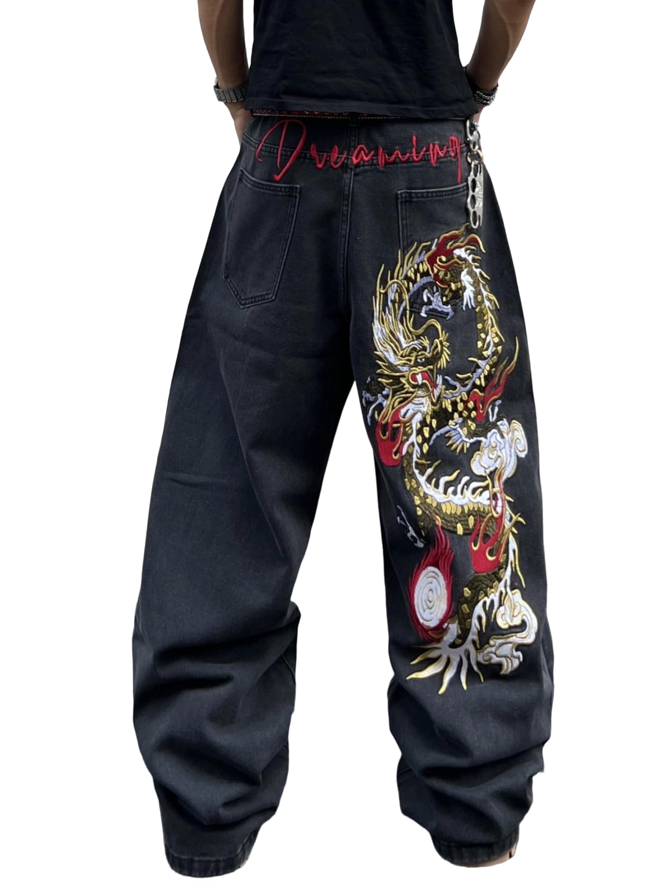 Jeans larghi da uomo con drago ricamato a gamba larga, stile hip hop, vestibilità larga, pantaloni in denim streetwear