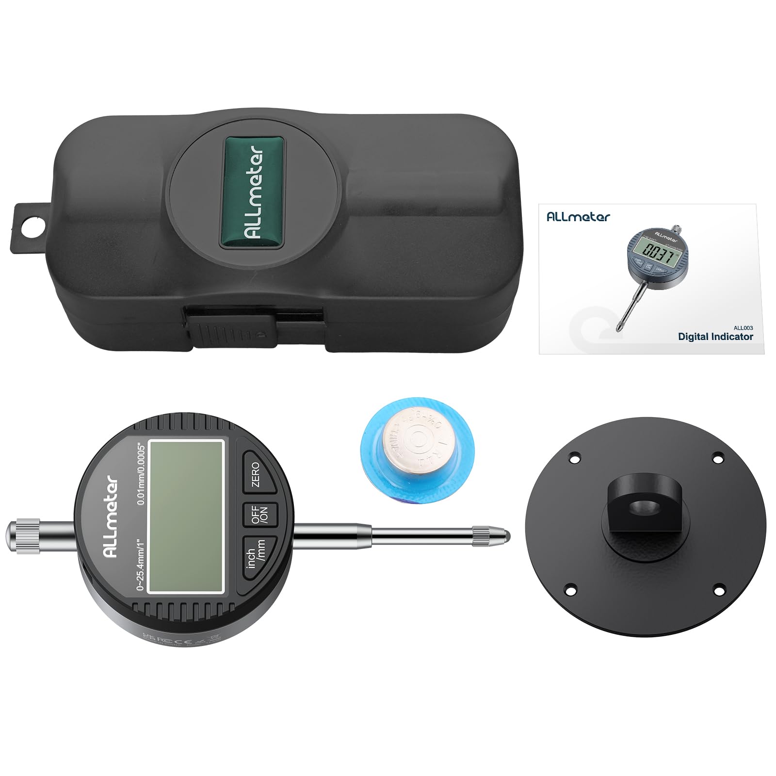 DTI Comparatore Centesimale Digitale con Sonda 0-25.4mm/1'', Risoluzione 0.01mm/0.0005'', Display LCD Retroilluminato, Unità Millimetri e Pollici, Indicatore Elettronico di Precisione - Nero
