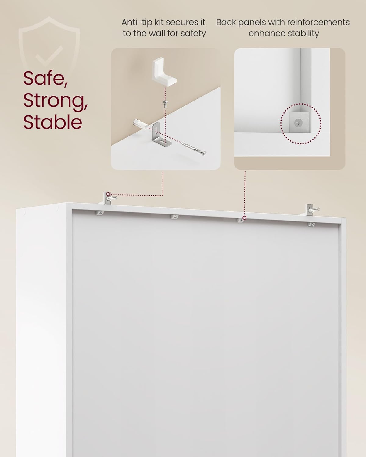 Diagram showing anti-tip kit installation for the VASAGLE shelf