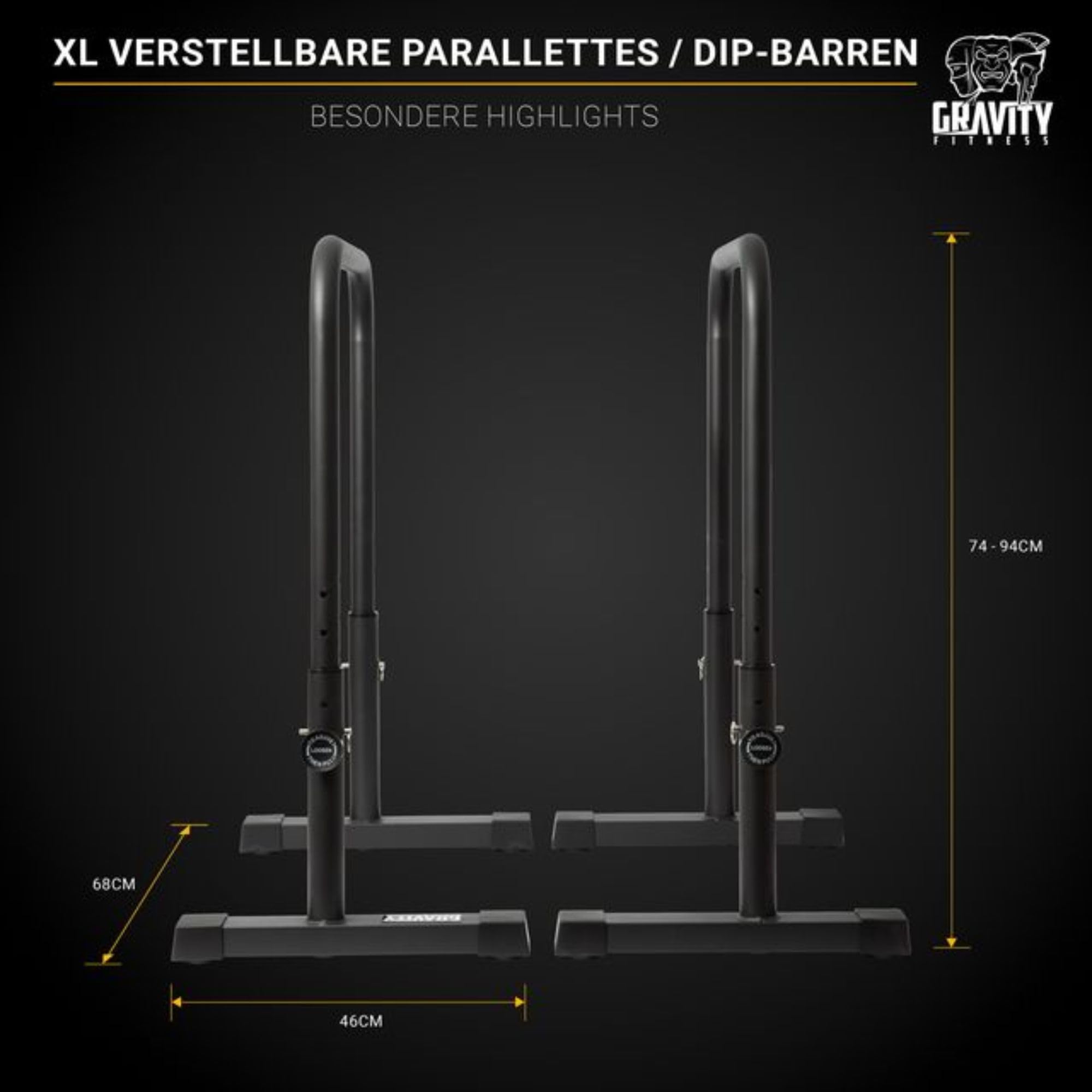Gravity Fitness Dip Bars XL – Verstellbare Parallettes für Calisthenics, Home Gym & Profi-Einsatz – 38mm Griffe für Dips, L-Sit, Push-Ups – stabile Turnbarren für Krafttraining