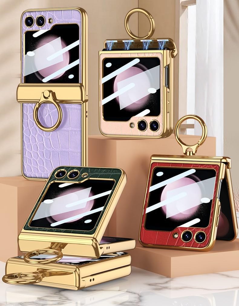 SHIEID Galaxy Z Flip 5 Leather Case with Ring, Screen Protector, Hinge Protection and Kickstand, All-Inclusive Border Phone Case, Compatible with Samsung Galaxy Z Flip 5 Case, Purple