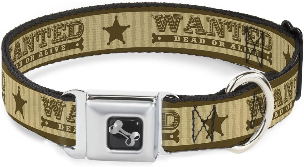 Buckle-Down Seatbelt Buckle Dog Collar - WANTED-DEAD OR ALIVE/Star Tans - 1" Wide - Fits 11-17" Neck - Medium