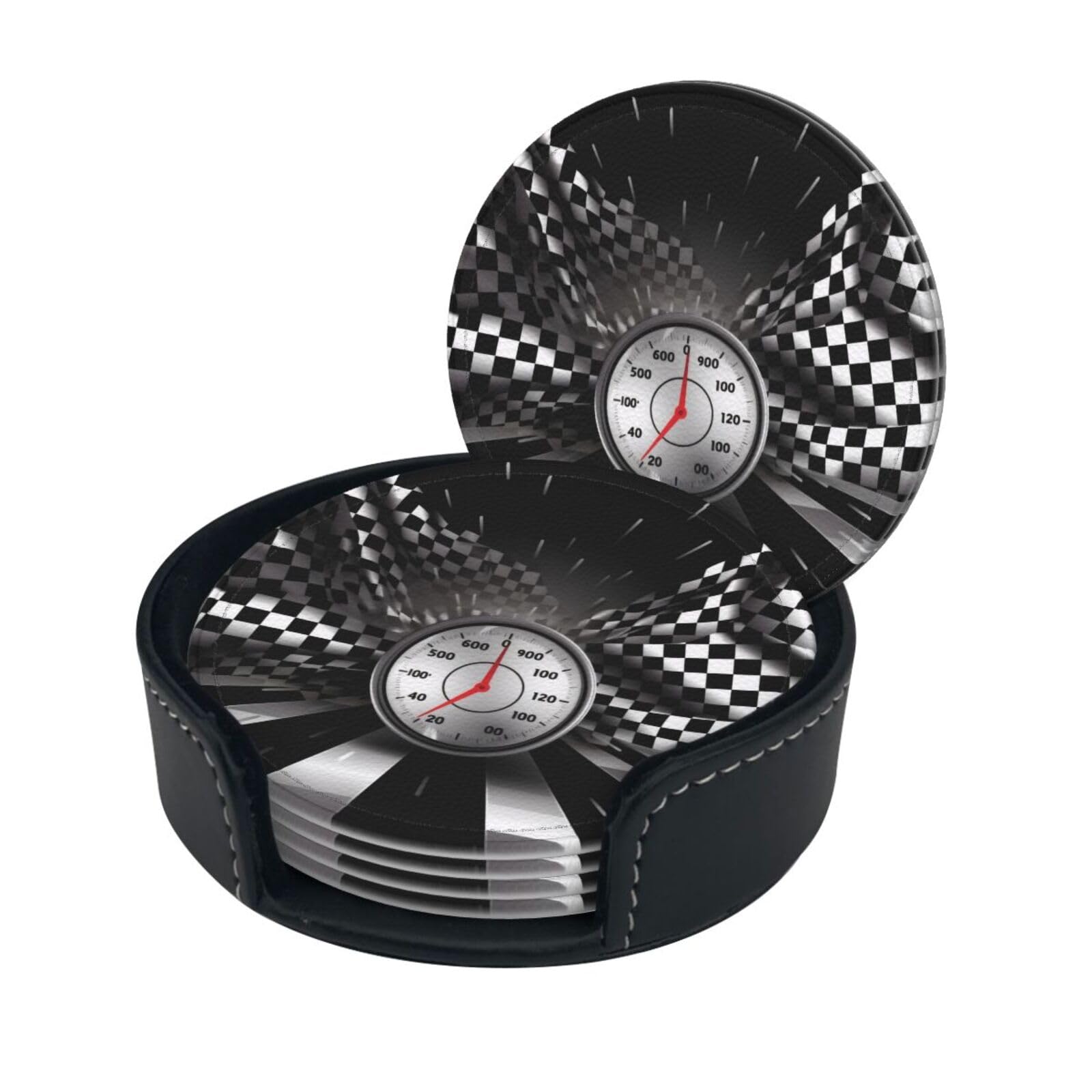 Stylish Coasters - Checkered Flag Racing Set of 6 Round Leather Drink Coasters with Holder - Perfect Size for Cups and Glasses