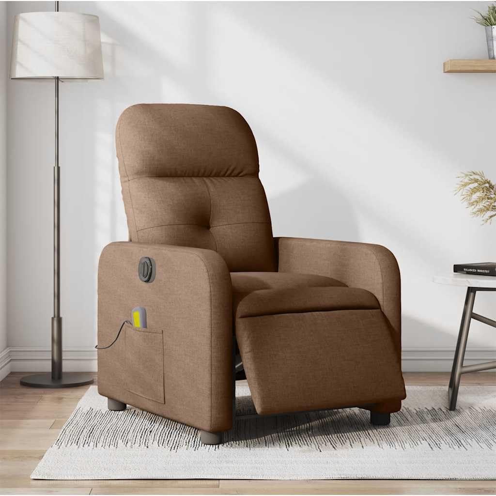 Massagesessel elektrisch braun Stoff mit 6-Punkt-Vibrationsmassage, Verstellbarer Rückenlehne und Fußstütze, ergonomischer Relaxstuhl mit Holz Metall Gestell