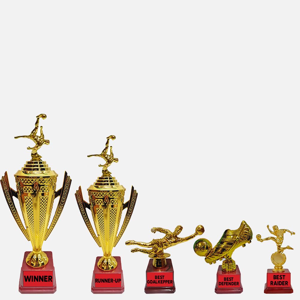 BareezePure Gold Unique Football Tounament Trophy Set Huge Winner Cup, Runner-Up Cup, Unique Shoe Shape Defender Trophy, Goalkeeper Trophy and Raider Trophy (B0CJ79C4WY) Amazon Price History, Amazon Price Tracker
