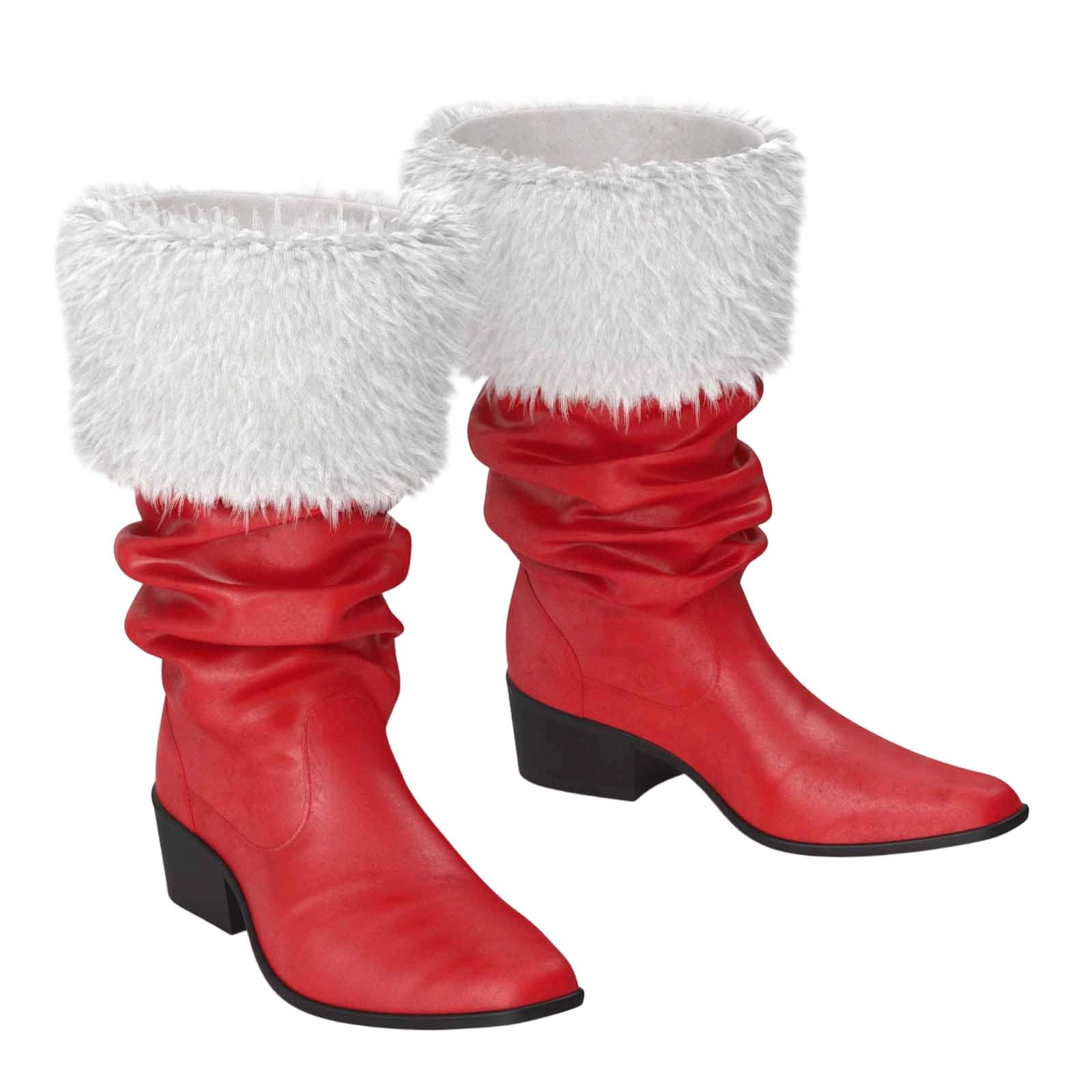 Womens Slouchy Boots Chunky Heel Mid Calf Pointed Toe Boots Fur Trim Boot Cuff Top Cover Christmas Boots